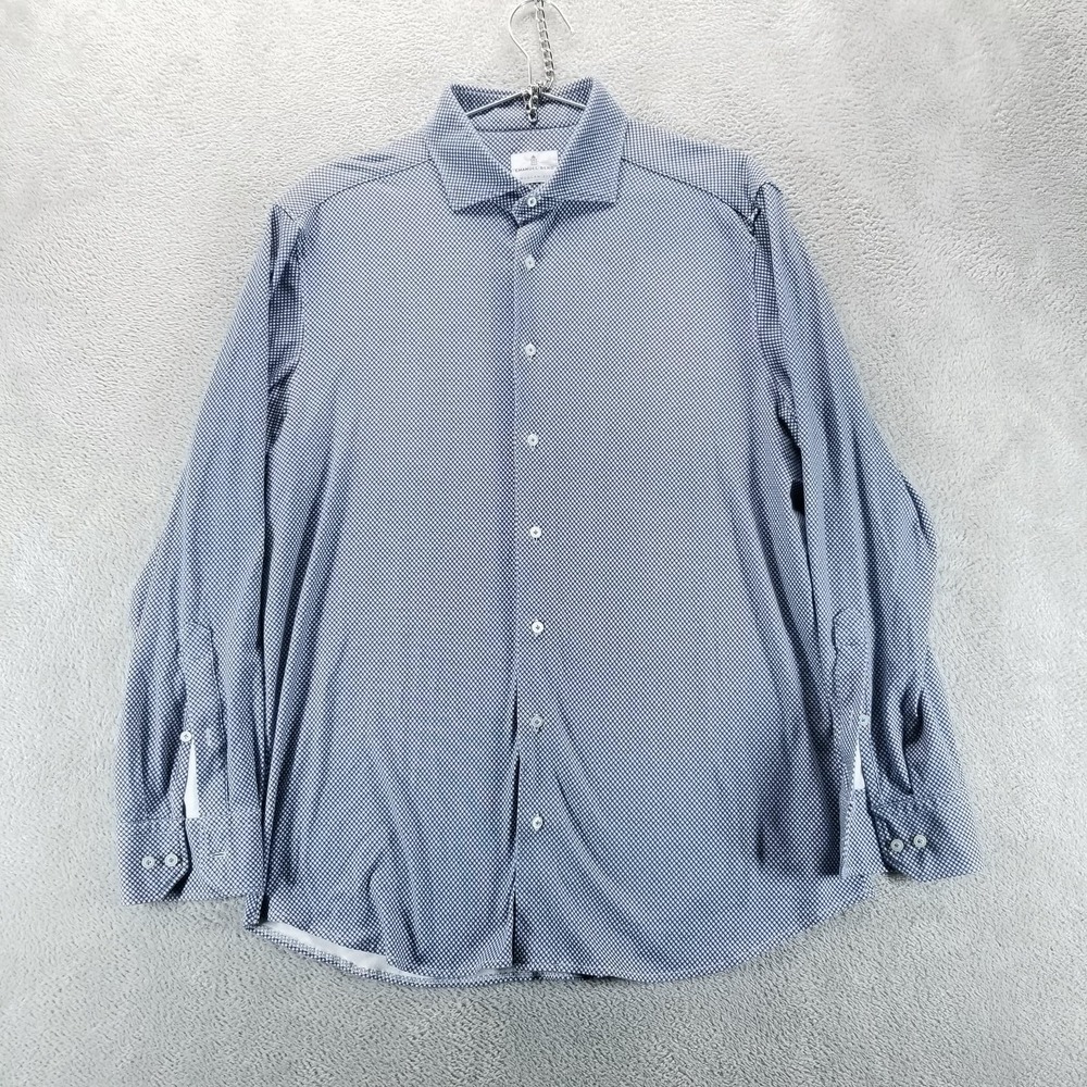 Emanuel Berg Dress Shirt Mens 16.5 Blue‎ Houndstooth Modern Fit Long Sleeve